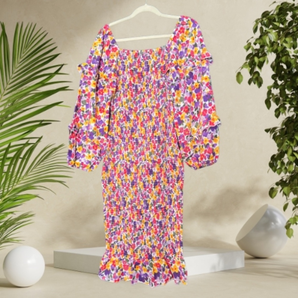 Floral Smocked Midi Dress with Ruffle Details - Multicolor